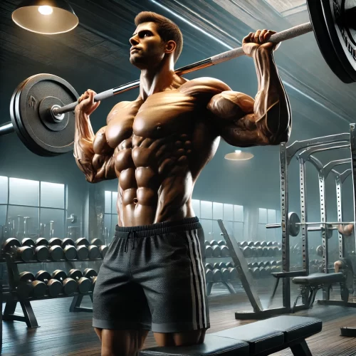 DALL·E 2024-10-30 16.21.08 - A realistic depiction of a muscular man in a gym performing a shoulder press with a barbell. The man is lifting the barbell above his shoulders, arms